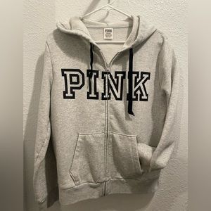 PINK Victoria’s Secret zip up hooded sweatshirt size Lg Grey w/black